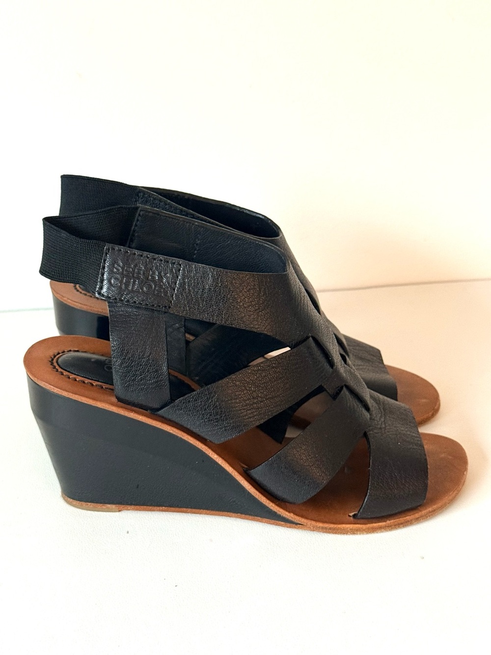 See By Chloe Black Pebbled Leather Strappy Cage Wedge Sandals Slingbacks